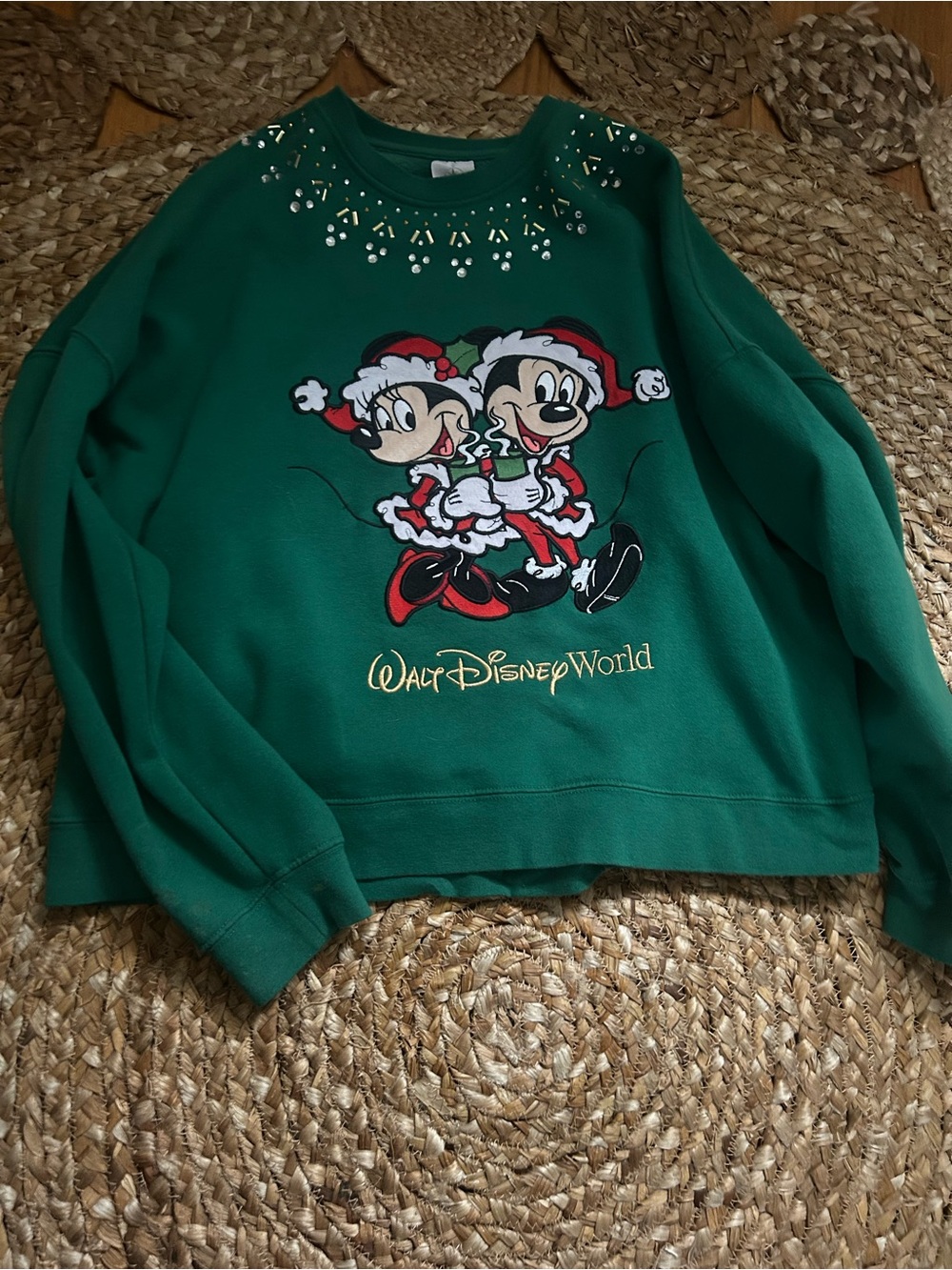 Disney Emerald Green Mickey & Minnie Holiday Crewneck Sweatshirt